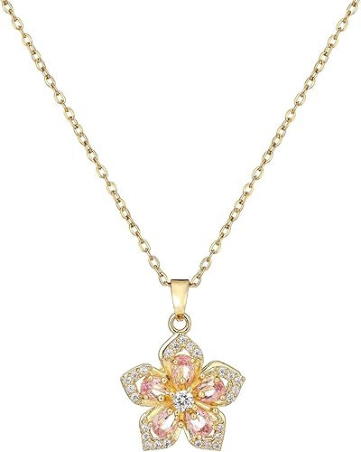 226 Rotatable Crystal & Silver Flower Pendant Necklace