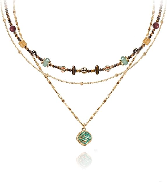 Vintage-style multi-layer beaded necklace; stylish gold-plated necklace for women.
