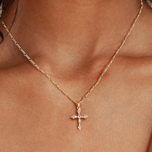 Women's Cross Necklace / Double Cross Necklace 14K Gold-Plated Cross Pendant Necklace