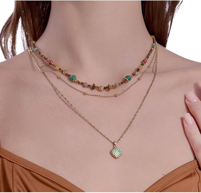 Vintage-style multi-layer beaded necklace; stylish gold-plated necklace for women.