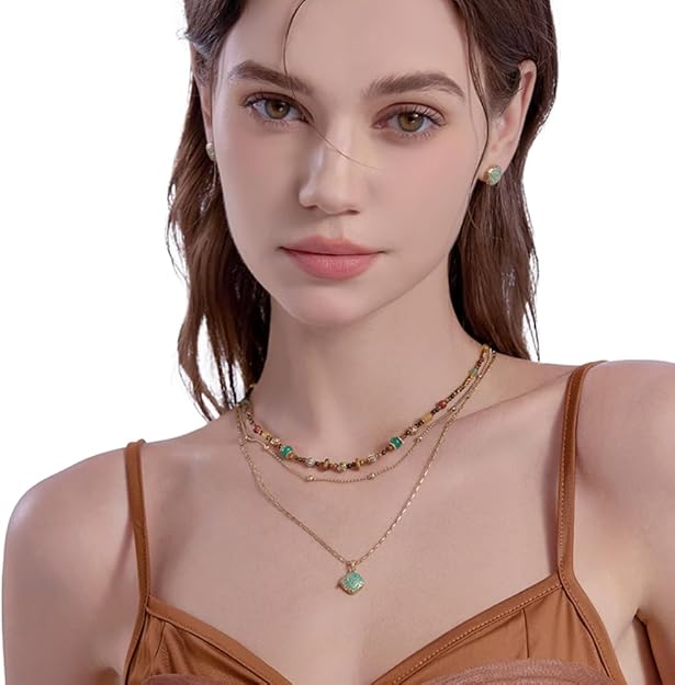 Vintage-style multi-layer beaded necklace; stylish gold-plated necklace for women.